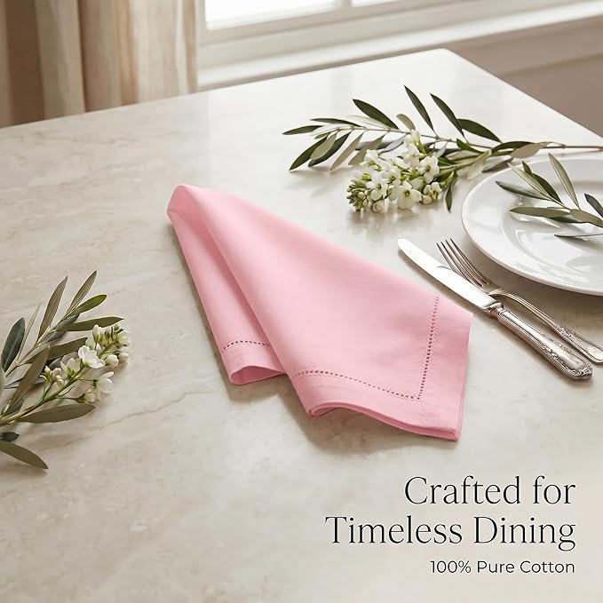 Urban Villa Cloth Napkins 100% Cotton Highly Absorbent Washable Reusable Premium Dinner Napkins Ideal for Gifts for Mothers Day Hotel Farmhouse Parties - Pink - Hemstitch (20" x 20", Set of 12)