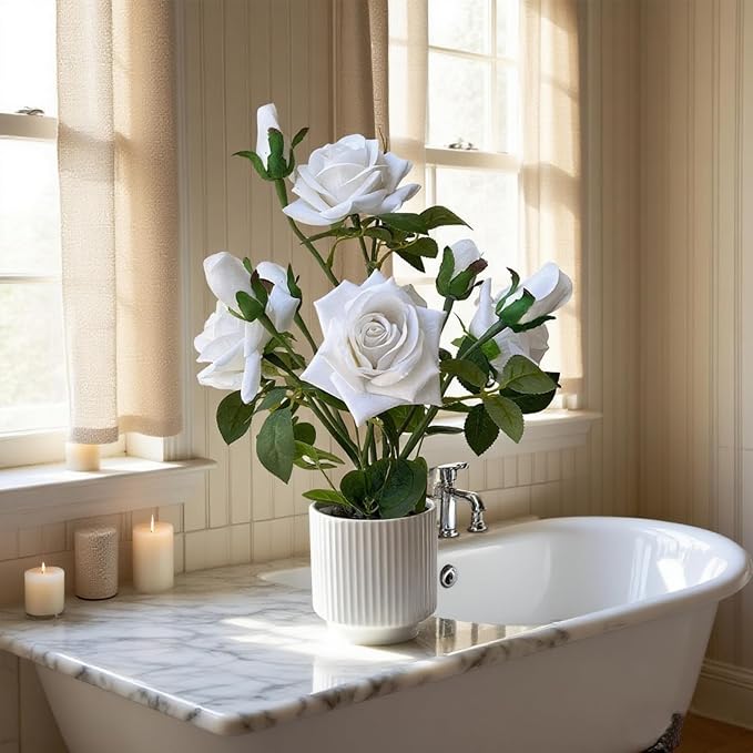 Artificial Rose Plant with Ceramic Vase, White | Silk Roses, Home Decor, Potted Floral Arrangement