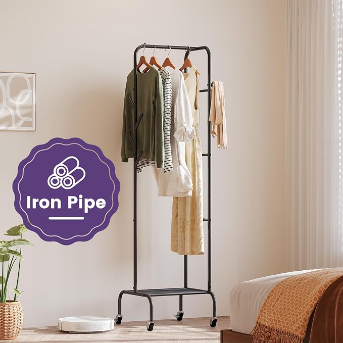 Modern Bamboo Coat Rack, Freestanding with 2 Shelves, 5 Hooks, Rotating Design, Heavy Duty Stand for Entryway, Living Room, 72x24x24 Inches (Black)