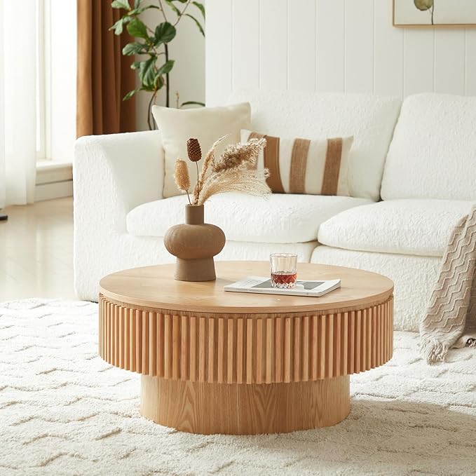 Round Coffee Table with Storage, Small Solid Wood Coffee Table for Living Room, Mid Century Modern Circle Center Tables for Small Space Apartment (31.5''D×14''H-Natural)