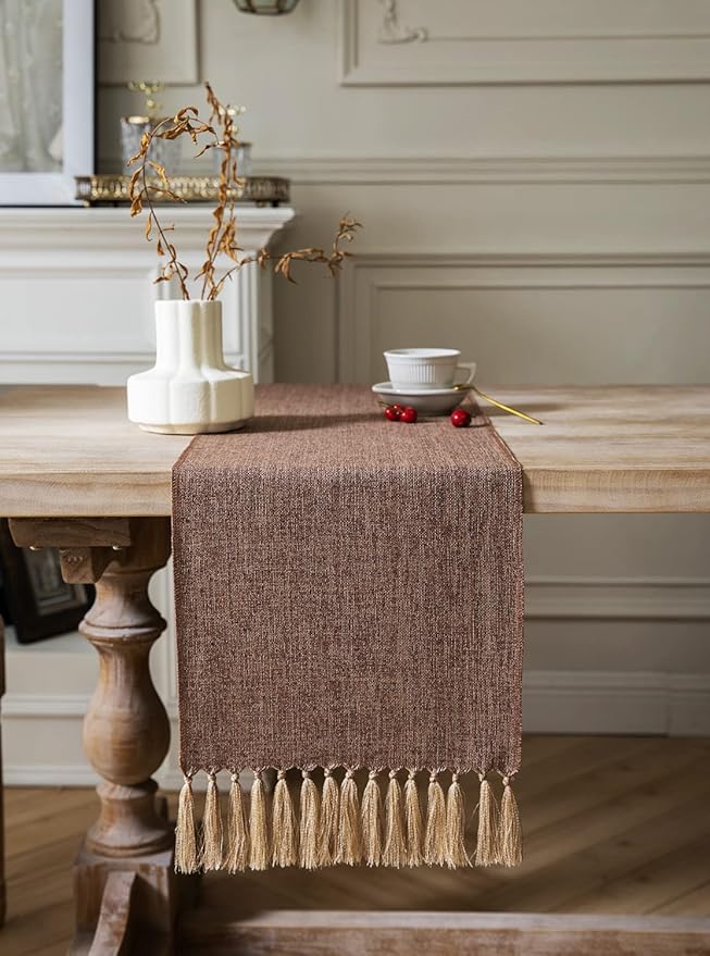 ZeeMart Brown Table Runners 60 Inches Long, Burlap Linen Style Rustic Farmhouse Table Runner, Boho Woven Dining Table Runner, 13x60 Inches, Brown