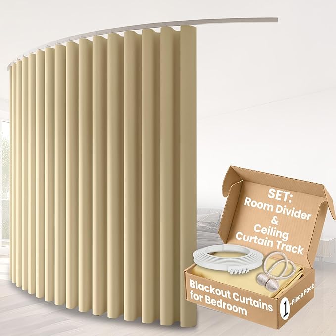 Room Divider Curtains & Flexible Bendable Tracks Set,Privacy Dividers Ceiling Track Curtain Window Blackout Curtains for Living Room Bedroom (W100 × H84 in 1 Panel Beige Drape & White Rail)
