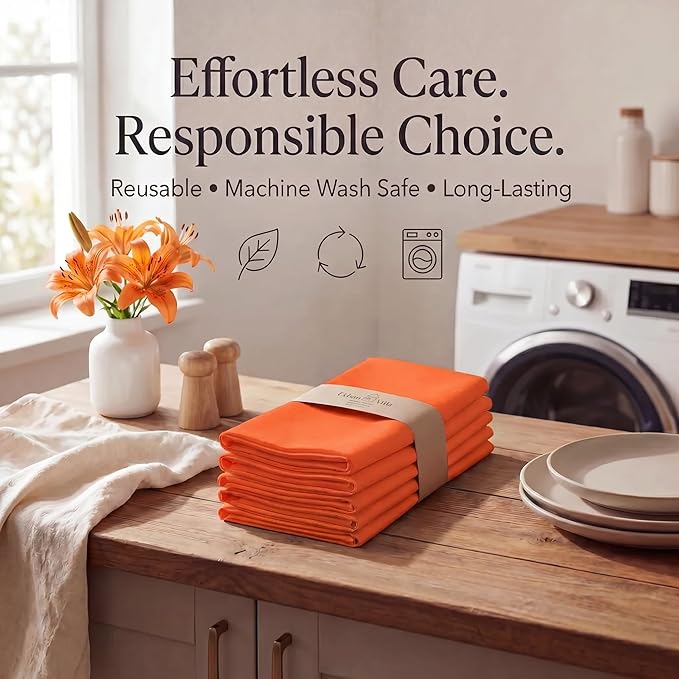 Urban Villa Cloth Napkins 100% Cotton Highly Absorbent Washable Durable Reusable Premium Dinner Napkins Ideal for Gifts for Mothers Day Hotel Farmhouse Parties - Orange (20" x 20", Set of 12)