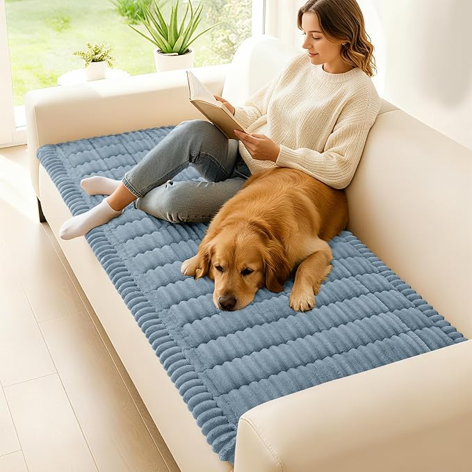 hyha Couch Cover for Dogs Washable, Non Slip Thick Flannel Sofa Protector, Pet Friendly Plush Furniture Cover for Sectional Sofa & Loveseat (Haze Blue, 35.4" x 88")