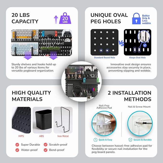 Keepo Peg Board Wall Organizer for Gaming Setup, Pegboard with Adhesives & Screw Mounts, Includes Peg Board Accessories for Gaming Accessories, Tech Storage & Office Organization (Black, 22″×22″)