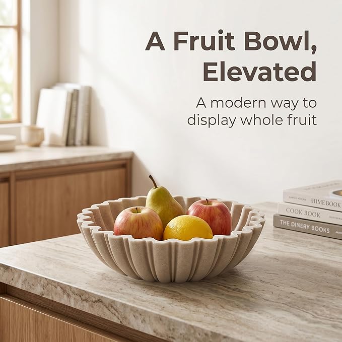 Decorative Bowl for Home Decor, 10.6" Large Modern Beige Scalloped Fruit Bowl for Coffee Table, Entryway Table, Kitchen Counter, Centerpiece for Keys or Candy