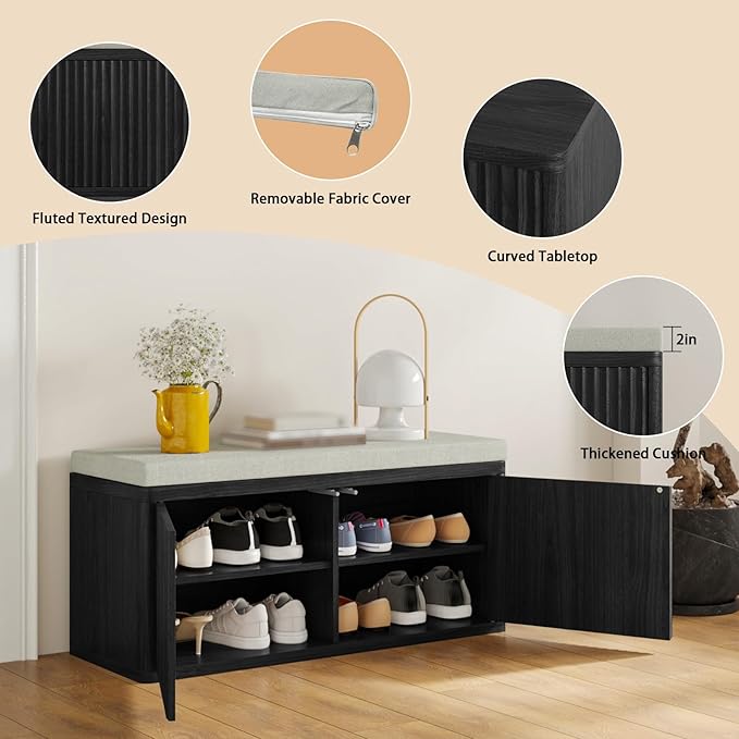 Entryway Shoe Storage Bench with 2" Cushion, 37.4" Small Bench with Shoe Rack, Cabinet Organizer for Hallway, Bedroom End of Bed (Black)