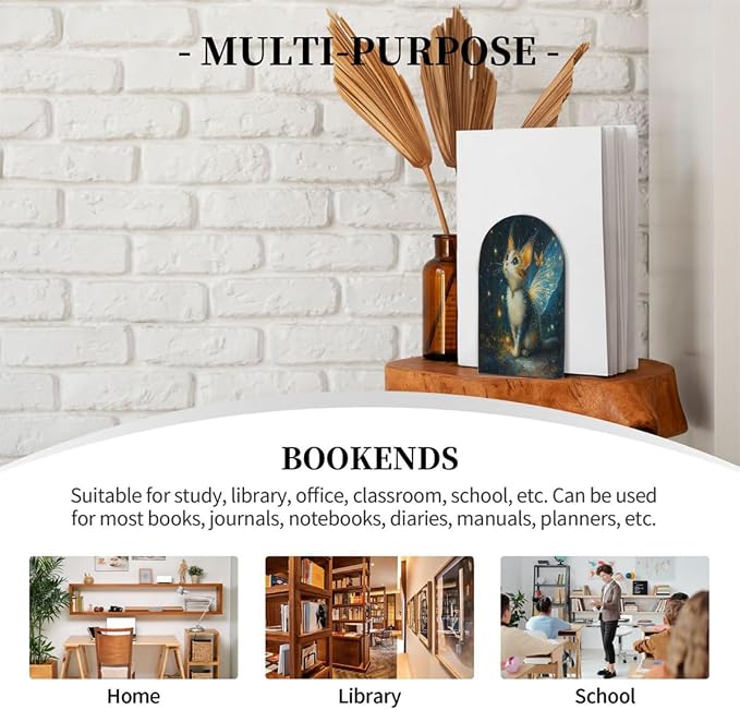 Funny Galaxy Butterfly Cat 2Pcs Book Ends for Shelves Non-Skid Wood Bookends Decorative Back to School Books Holders Book Stoppers Bookshelf Accessories for Desk Home Office School Decor (1 Pair)
