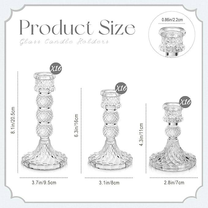 Mumufy 48 Pack Glass Taper Candle Holders Clear Candlestick Holder Fit 0.8 Inch Candles 4'' 6'' 8'' Tall Crystal Decorative Candlestick Stand Centerpiece for Table Wedding Dining Party (Vintage)