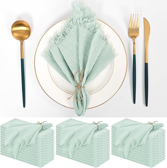 36 Pack Sage Green Cloth Napkins with Fringe,16 x 16 Inch Cotton Linen Napkin, Washable and Reusable Handmade Napkins, Soft Rustic Boho Cloth Napkin for Dinner, Party, Wedding,Bridal Shower and More