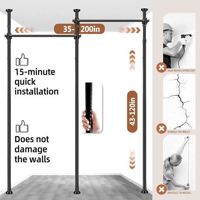 AJAZZ Room Divider No Drilling Curtain Rod Wall Divider for Room Separation, (H) 43-120×(W) 72-200 inch Adjustable, Heavy Duty Partition Space Separator Freestanding Tension Curtain Stand, Black