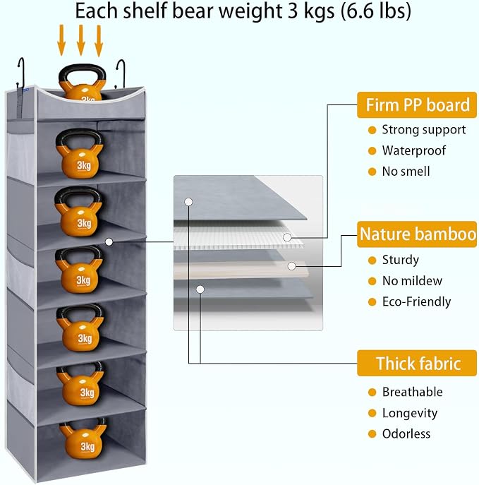6-Shelf Hanging Closet Organizer and Storage with 6 Side Pockets, Collapsible Closet Hanging Shelves for Storage, Grey