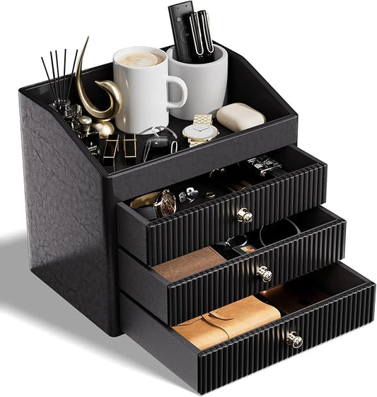 LADSTAG Desk Organizers and Accessories,Black Vegan Leather Desktop Organizer with 3 Drawers & Tray for Bedroom,Bathroom,Lipstick,Nail Polish,Skincare,Perfume,Jewelry Box