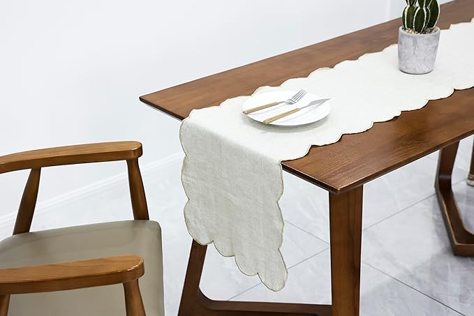 100% Natural Linen Rustic Scalloped Embroidery Table Runner 36 Inches, Linen Table Runner 14 x 36 Inch Ideal for Dresser and Dining Tables Decor, 1-2 Sets, Linen(Edges-Gold)