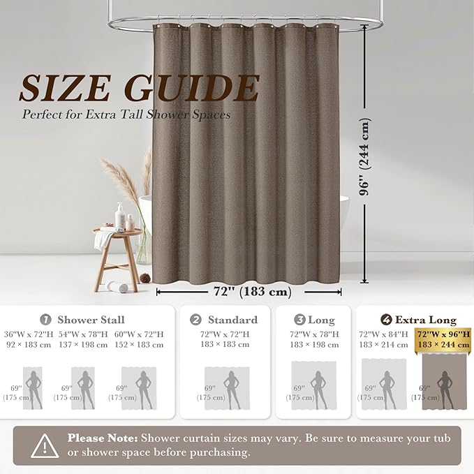 Seasonwood Extra Long Linen Shower Curtain Neutral Farmhouse Linen Shower Curtains for Bathroom Boho Bathroom Decor with 12 Sturdy Stainless Steel Sliding Hangers(Deep Taupe,72x96 Inches)