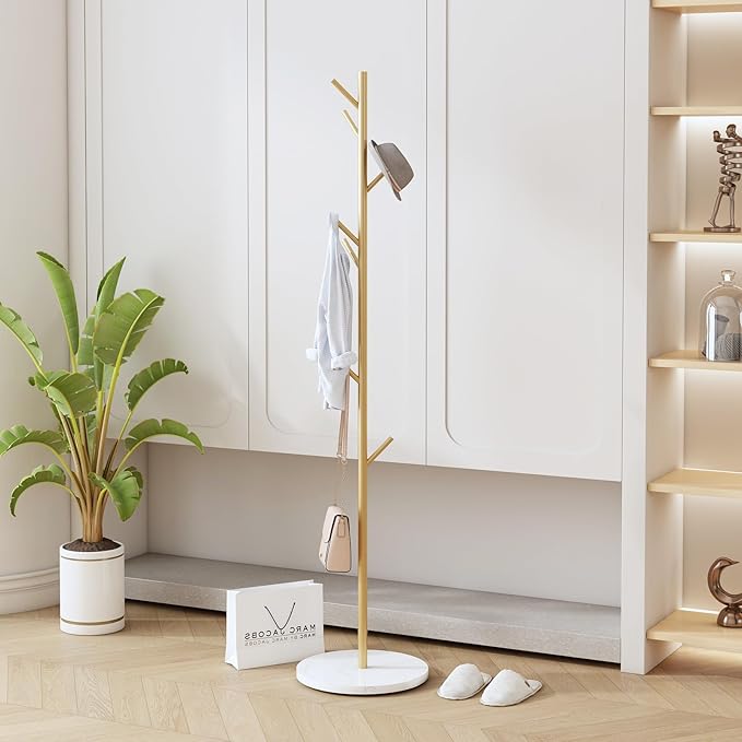Gold Coat Rack Freestanding, Metal Coat Tree with Marble Base, Coat Rack Stand with 8 Hooks, Entryway Coat Stand for Hanging Clothes, Hats, Bags