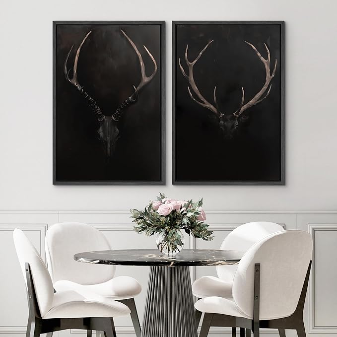 SIGNWIN Framed Canvas Print Wall Art Rustic Antler Skull Dark Dramatic Black Vintage-Inspired Deer and Elk Antlers Illustrations Decorative for Living Room, Bedroom, Office - 24"x36"x2 Black