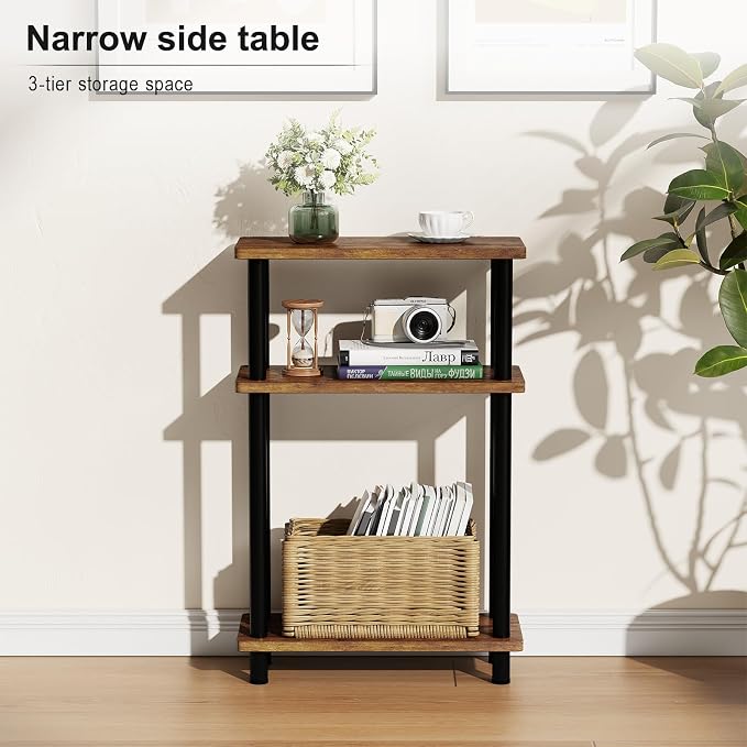Apicizon Small Narrow Side Table, 3-Tier Skinny End Table for Small Spaces, Slim Nightstand with Storage Shelf, Bedside Table for Living Room, Bedroom, Rustic Brown and Black