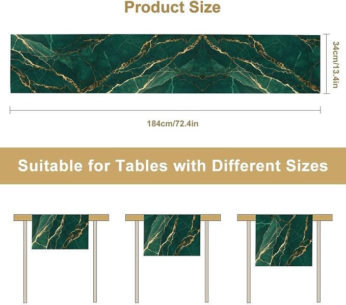Emerald Green Marble Table Runner, Dark Green Gold Textured Abstract Painting Table Runner for Kitchen Dining Indoor Outdoor Home Party, 13x70 Inch
