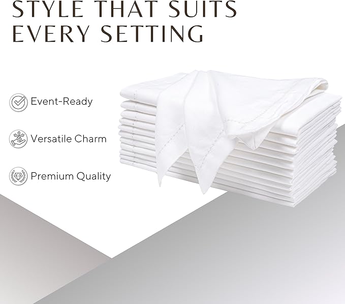 Ramanta Home Decorative Cloth Dinner Napkins Set of 12, 20x20 Inch White Hemstitched Flax Cotton Napkins with Mitered Corners, Oversized Use, Parties, Weddings, Spring, Easter Cloth Napkins