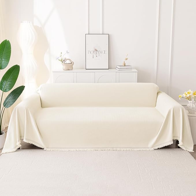Smiry Couch Cover for Dogs, Washable Chenille Sofa Covers for 3 Cushion Couch, Soft Sofa Slipcover for Pets, Thick Sectional Furniture Protector with Tassels (Beige, 71x118 Inch)