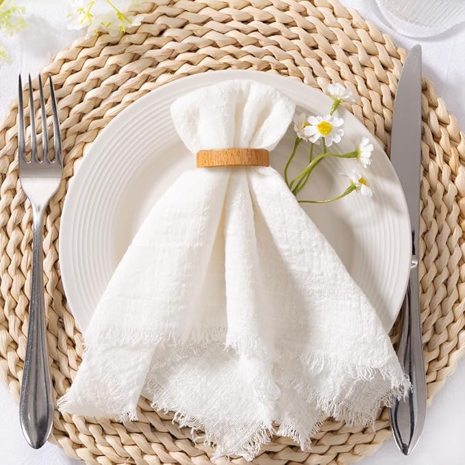 MLMC 6 Pack Ivory White Cloth Napkins with Fringe Boho Linen Napkins Washable Reusable Rustic Dinner Table Decor 17"×17" for Wedding Party Bridal Baby Shower Home Decor