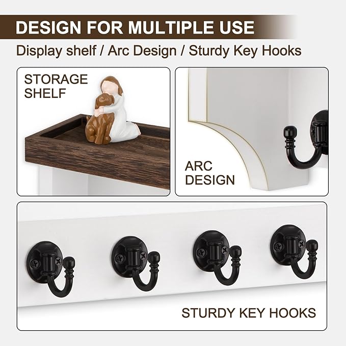 Key and Mail Holder Wall Mount, Key Holder with Shelf and Mail Organizer Wall Mount. Mail Holder with 5 Hooks for Coat, Dog Leash, Home Decor Rack, Entry Way Organizer (Brown & White)