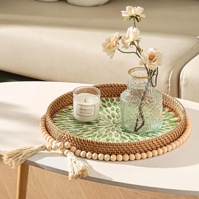 14 inch Round Rattan Tray Home Decor, Wicker Serving Tray with Mother of Pearl Inlay, Boho Decorative Tray for Coffee Table, Display, Ottoman, Kitchen Table, Bathroom (Green)