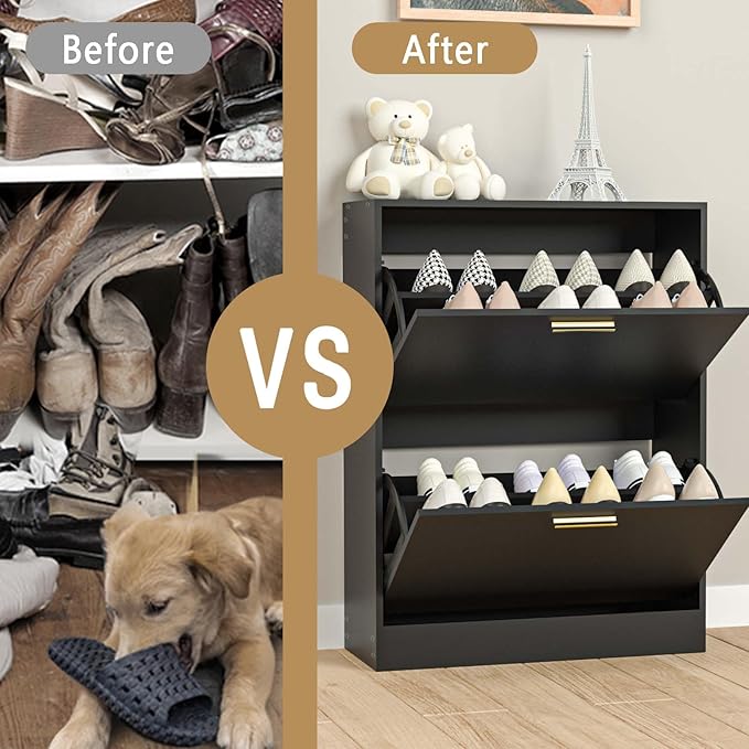Shoe Cabinet Storage for Entryway, White Shoe Organizer with 2 Flip Drawers & Open Shelf, Freestanding Hidden Large Shoe Storage Cabinet (2pc-Black, 2 Flip Drawers)