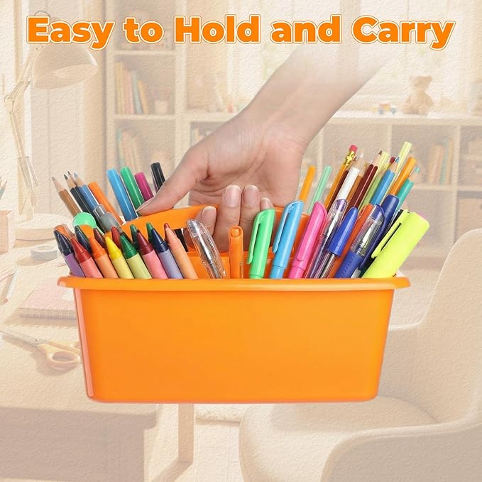Kathfly 4 Pack Caddy Organizer with Handle, Stackable Organization Storage, Small Plastic Basket Classroom Caddy for Table Desk Office Pencil Kids Room Craft Art Teacher School Supplies (Blue Orange)