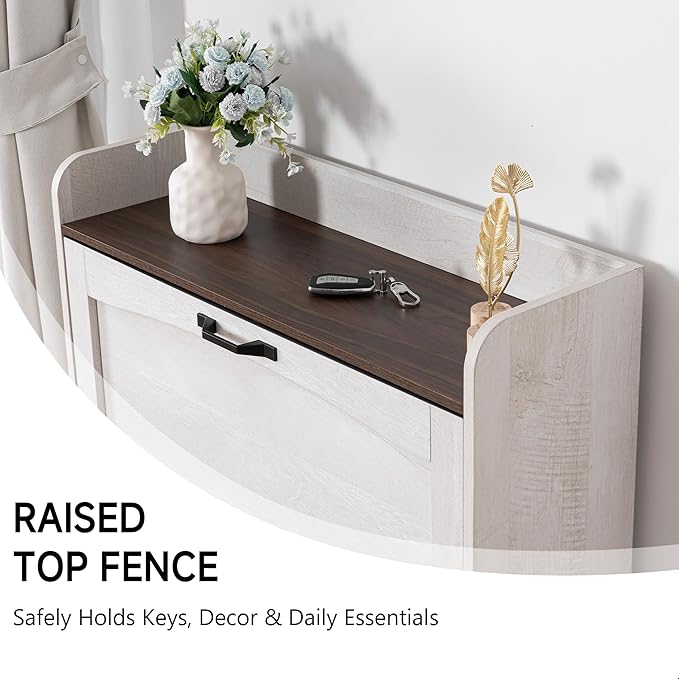 Narrow Shoes Storage Cabinet, Entryway Storage with 2 Flip Drawers, Farmhouse Shoe Organizer with Removable Shelves, Anti-Drop Top Fence, 40.4H x 31.4W (Warm White Grayish)