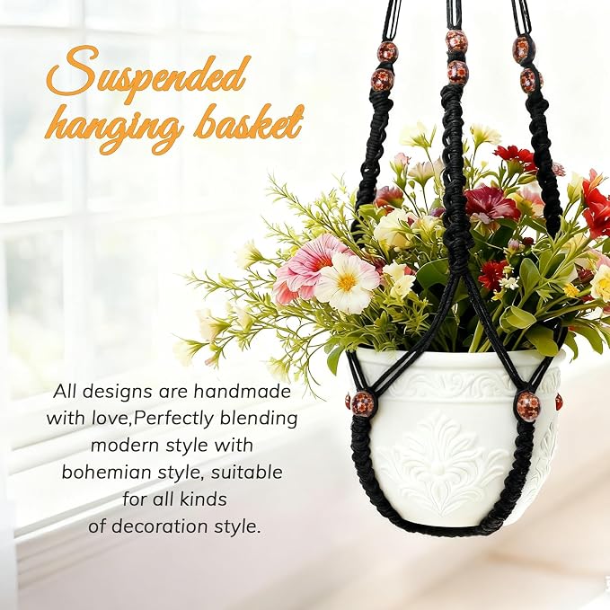 35 Inch Macrame Plant Hanger, Large for up to 15 Inch Pot Extra Long Hanging Planter Holder Basket with Wood Beads for Indoor Outdoor Home Decor (Black, 1-Pack)