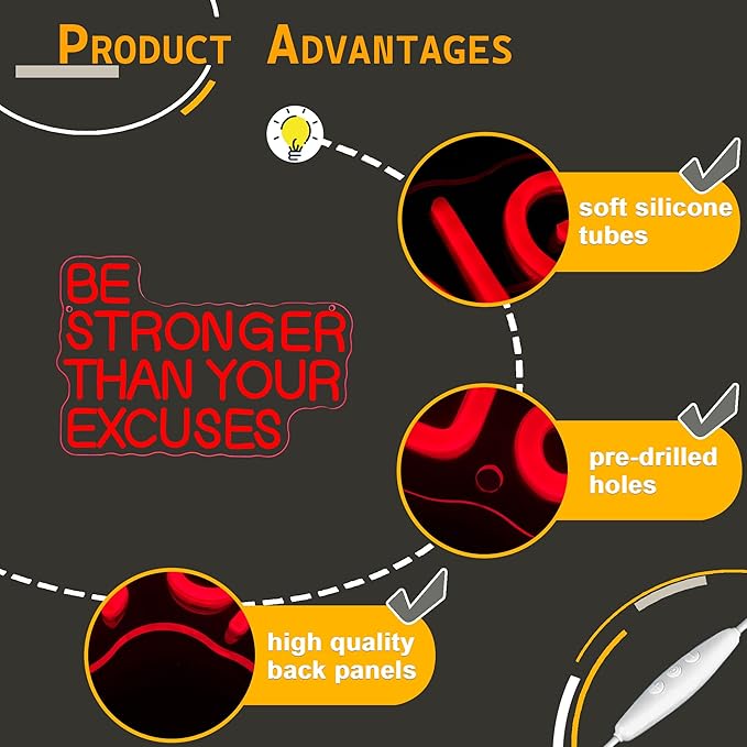 Allball Be Stronger Than Your Excuses Neon Sign, Gym Neon Light Motivational Sign USB Powered LED Dimmable, for Gym Office Classroom Bedroom Bar Gymnastic Athletes Sign(15.7 * 10.6 In)