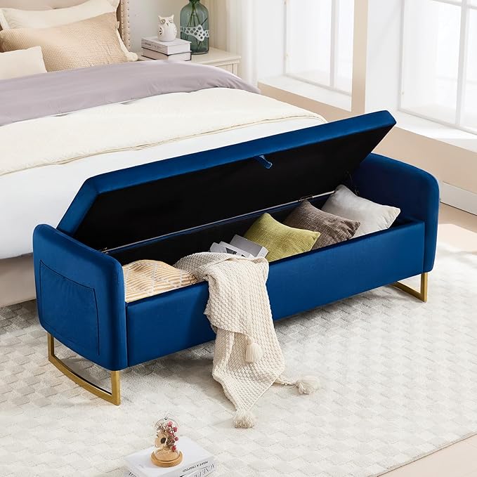 65" Storage Bench for Bedroom, Velvet End of Bed Bench, King Size Bed Benches for Foot with Tufted Button and Gold Legs, Upholstered Window Ottoman Benches with Armrests, Navy Blue