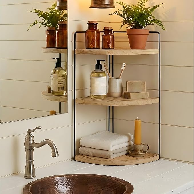 Corner Bathroom Counter Organizer Countertop Brown, 2 Pack 3 Tier Corner Shelf Wood Vanity Tray Easy Assembly Space Saving Shelf for Kitchen, Bathroom, Dresser, Makeup, Office