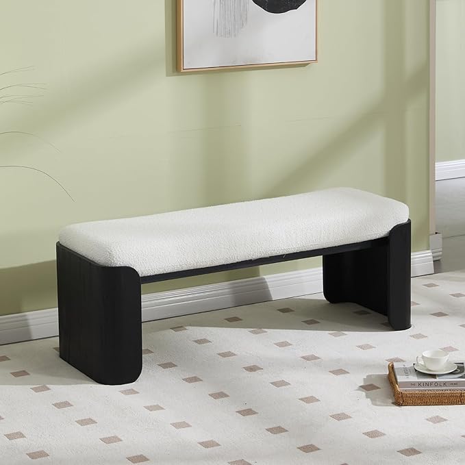 DUOMAY Modern White Sherpa Bedroom Bench, 49" Wide Long Entryway Bench with Solid Wood Legs Upholstered Dining Bench Ottoman for Living Room Indoor