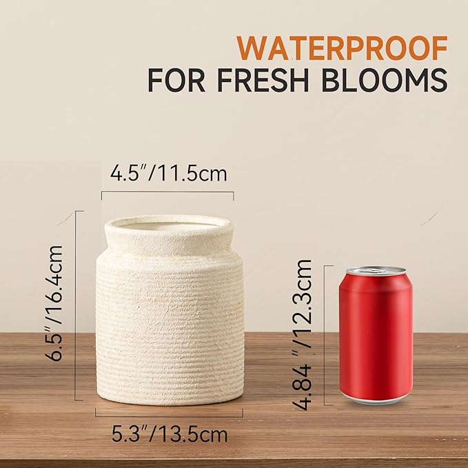 Ceramic Flower Vase 6.5 inch Farmhouse Rustic Vase for Home Decor Handcrafted Pottery Vase Small Terracotta Vases for Table Decor Fireplace Living Room Bathroom Wedding Centerpiece (S-Off White)