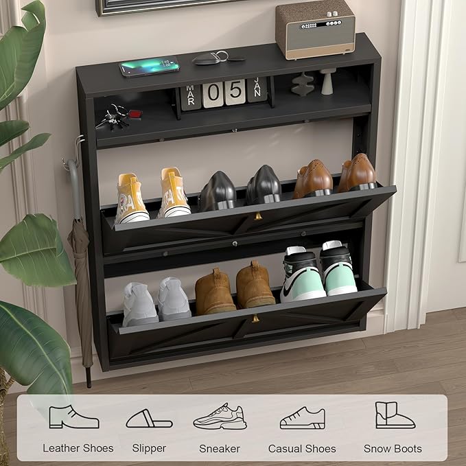 Hidden Shoe Rack, 2 Flip-Down Front Door Shoe Storage, Ultra Slim Shoe Cabinet Wall Mounted, Floating Shoe Storage Cabinet for Entryway, Space-Saving Moeden Cabinet for Small Place, Black