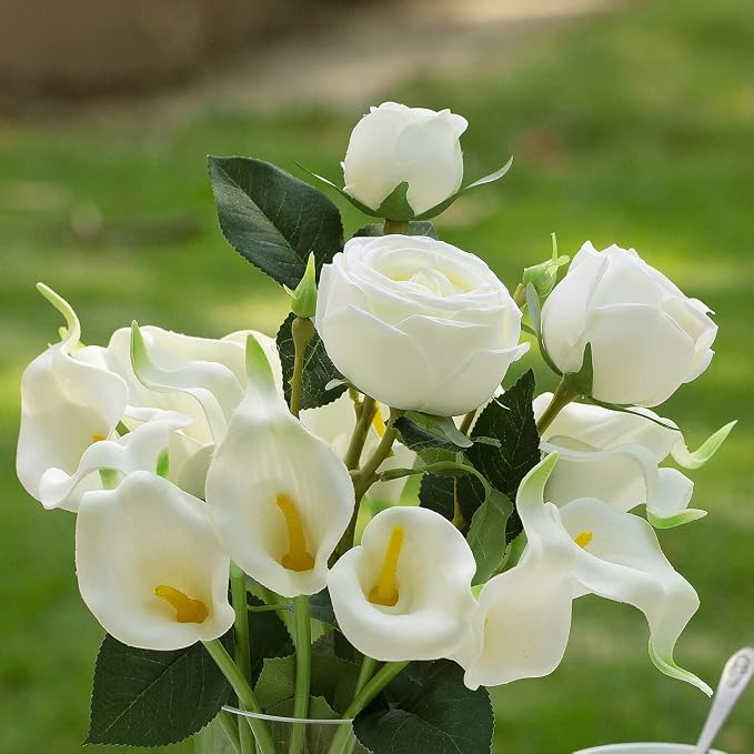ENOVA FLORAL 18 Heads Calla Lily Flowers Real Touch in Glass Vase Mixed Rose Artificial Flowers, Artificial Flowers in Vase with Faux Water for Dining Table Centerpieces, Wedding Event (White)