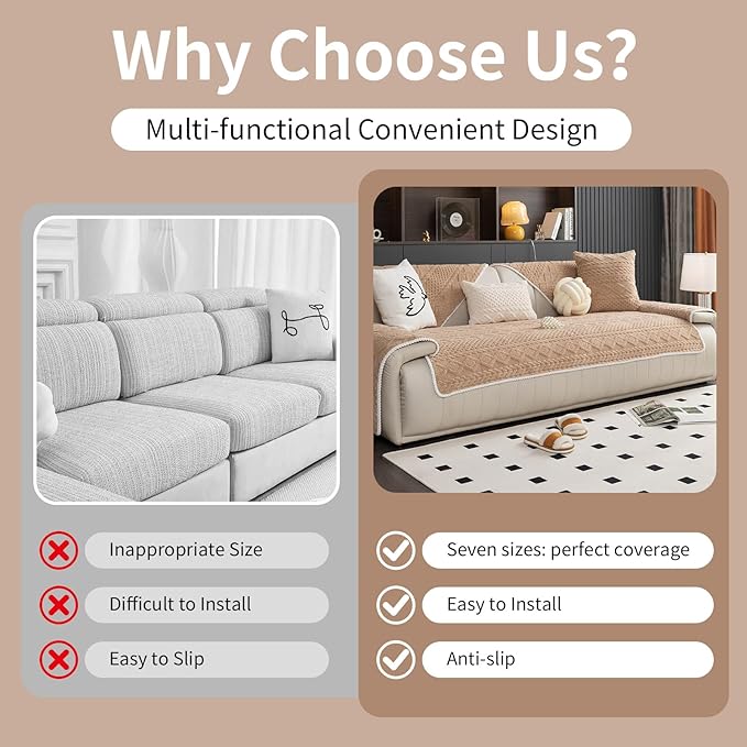 Geometric Jacquard Plush Warm Sofa Couch Cover, Soft Funny Fuzzy Couch Covers, Non Slip Sectional Sofa Slipcover, Cozy Washable Furniture Protector for Kids, Pets (Khaki, 36"x 71")