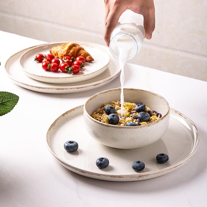 AmorArc Ceramic Dinnerware Sets, Wavy Rim Stoneware Plates and Bowls Sets, Highly Scratch Resistant | Dishwasher & Microwave Dishes set, Service for 4 (12pc)-Speckled Cappuccino)