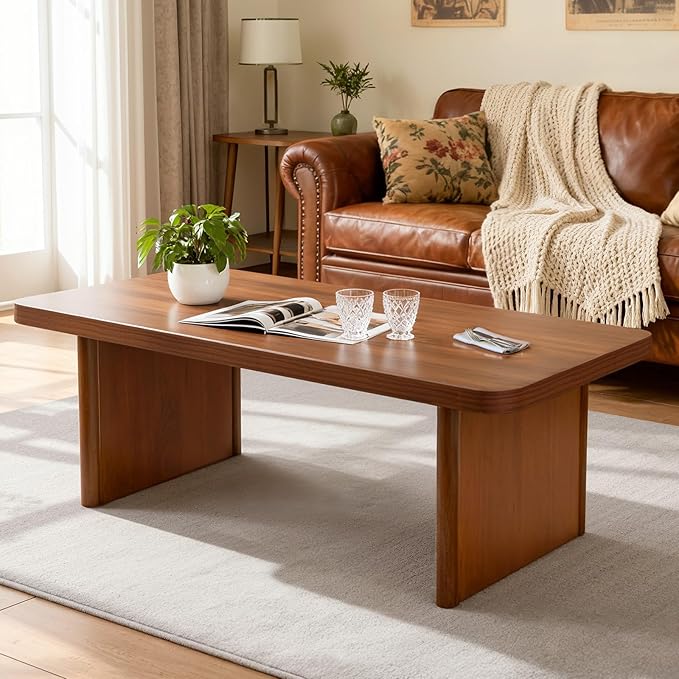 BECHAEO Modern Coffee Table, Solid Pine Wood, 47" Rectangle Center Table for Living Room, Real Wood Legs & Sturdy Base, Minimalist Rustic Coffee Table