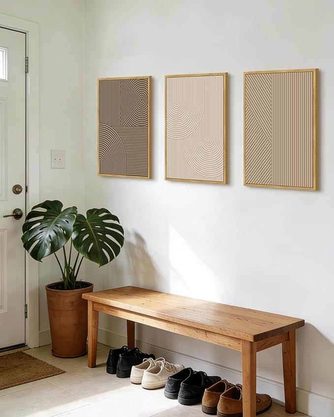 PHOPAGO Boho Mid-Century Modern Framed Wall Art Minimalist Abstract Neutral Line Wall Decor Bohemain Geometric Artwork Kitchen Dining Room - 12x16in Natural Framed