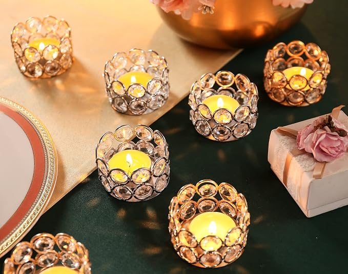 Pack of 10 Silver Crystal Tealight Candleholders - Candlestick Bowls Tea Lamp Candle Holders, Votive Candlestick Holders for Table Centerpieces, Diwali Decorations for Wedding Holiday Party Home Decor