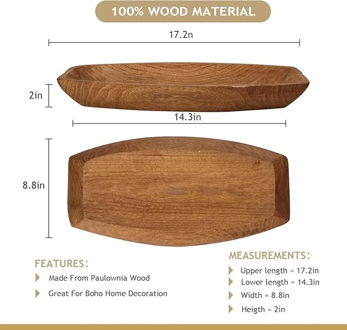 Wooden Dough Bowl Decor, Hand Carved Solid Wood Dough Bowl 17.2" Farmhouse Table Centerpiece Rustic Decorative Bowl for Coffee Table, Kitchen Island, Fall Home Decor