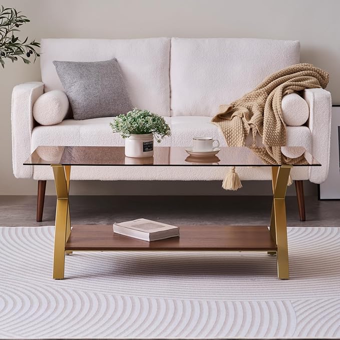 LumFurn Coffee Table for Living Room and Bedroom, 2-Tier Mid-Century Modern Table with Amber Tempered Glass Top and Walnut Finish Wood Shelf, Strong Metal Legs with Gold Finish