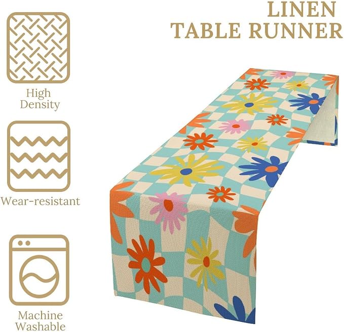 Retro Floral Checkered Table Runner Vintage Gardern Flowers Twisted Groovy Trendy Hippie Grid Farmhouse Country Dinner Runner for Home Kitchen Dining Table Party Holiday Decor 13"x36"