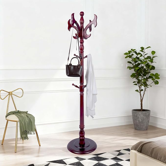 Wooden Coat Rack Free standing 14 Hooks, Vintage Coat Rack Stand for Entryway, Adjustable Height 73", Heavy Duty Coat Tree with Solid Round Base for Home Bedroom, Office (Antlers)