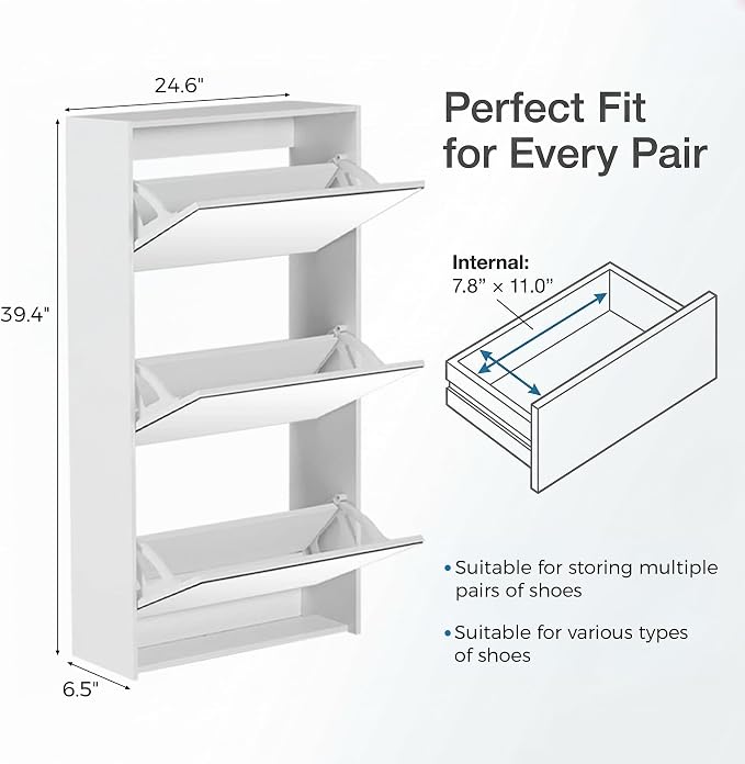 HOPUBUY Mirror Shoe Cabinet for Entryway, Narrow Shoe Storage Cabinet with 3 Flip Drawers, Wood Slim Shoe Rack, 3 Tier Thin Shoe Organizer for Home and Apartment