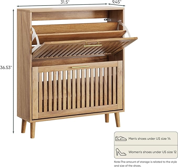 Smart FENDEE Shoe Storage Cabinet with 2 Flip Slatted Drawers, Narrow Freestanding Shoe Cabinet with Gold Handle, Hidden Entryway Shoe Organizer for Hallway, Foyer, Natural Oak